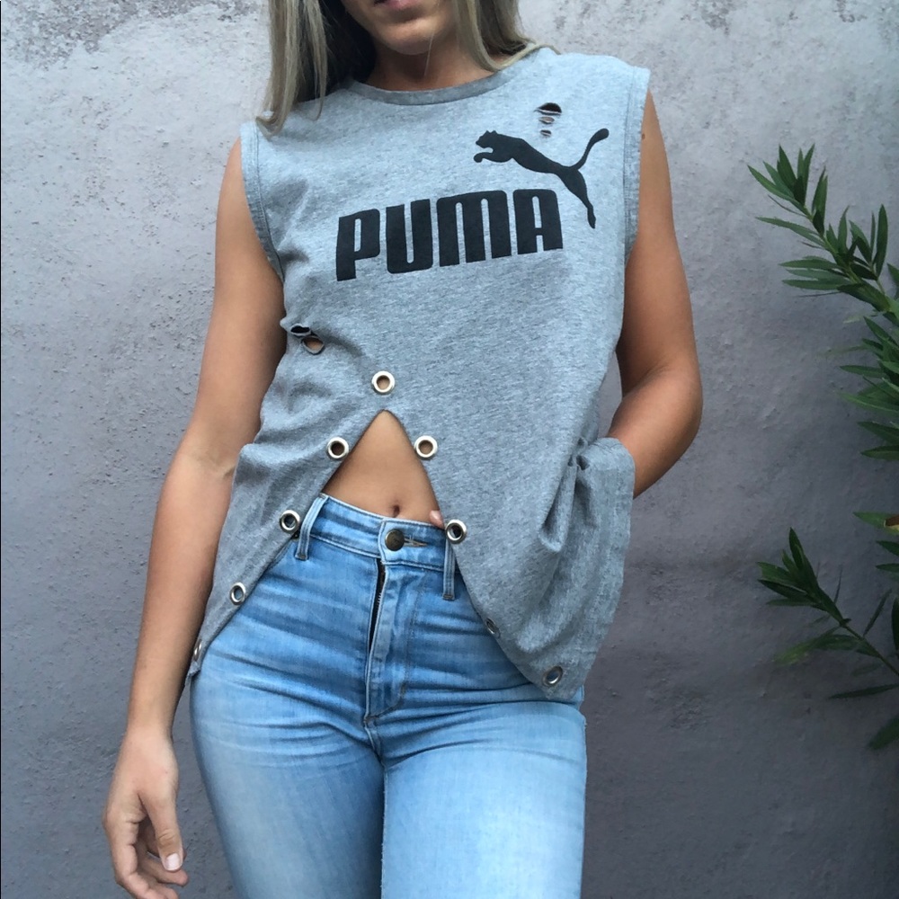 Custom puma distressed tank with open eyelet slit